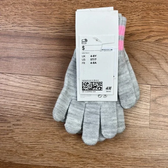 H&M Lot of 2 Pairs Girls Gloves Size 5t/7 Grey Green Cat‎ NEW