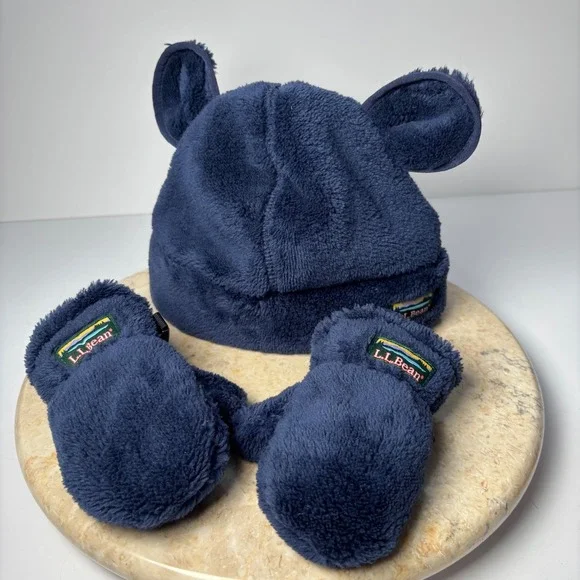 LL Bean Toddler Hat and Mittens Set Navy Blue Fleece Bear Ears 6-12M‎ Hi-Pile