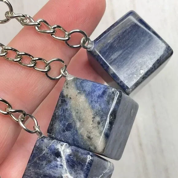 Lapis Lazuli cube keychain key ring pendant chain NEW hand crafted