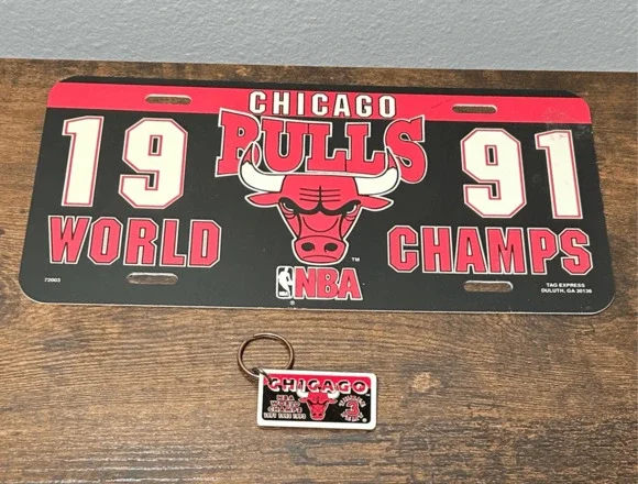 Vintage Chicago Bulls 1991 NBA Championship License Plate & 3 Peat Key Chain