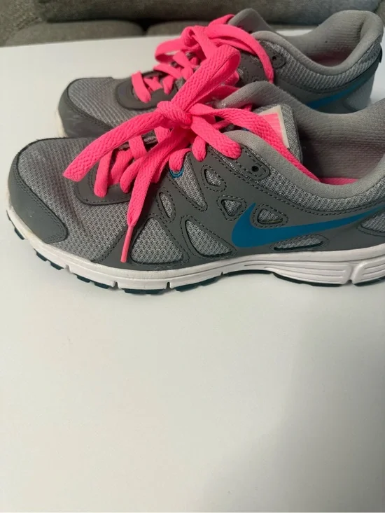 Nike Revolution Gray and Hot Pink Athletic Shoes with Teal Swoosh