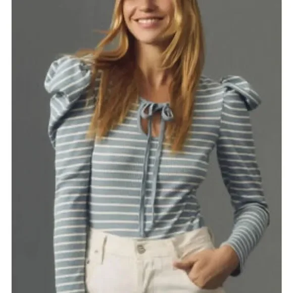 Anthropologie Porridge striped puff sleeve tie neck blouse xl