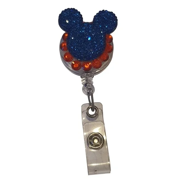Blue Mouse Rhinestone Retractable Badge‎ Reel ID Holder Orange Sparkle Disney