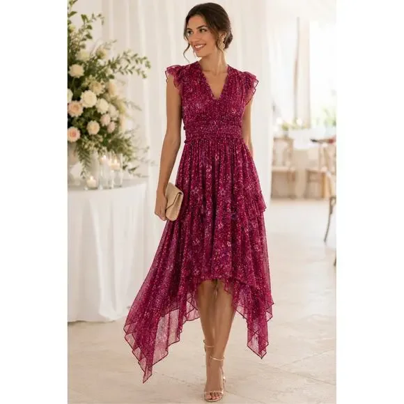 Ulla Johnson 0 Ressie 100% Silk Midi Dress $675 Asymmetric Scarf Hem Sumac NWT