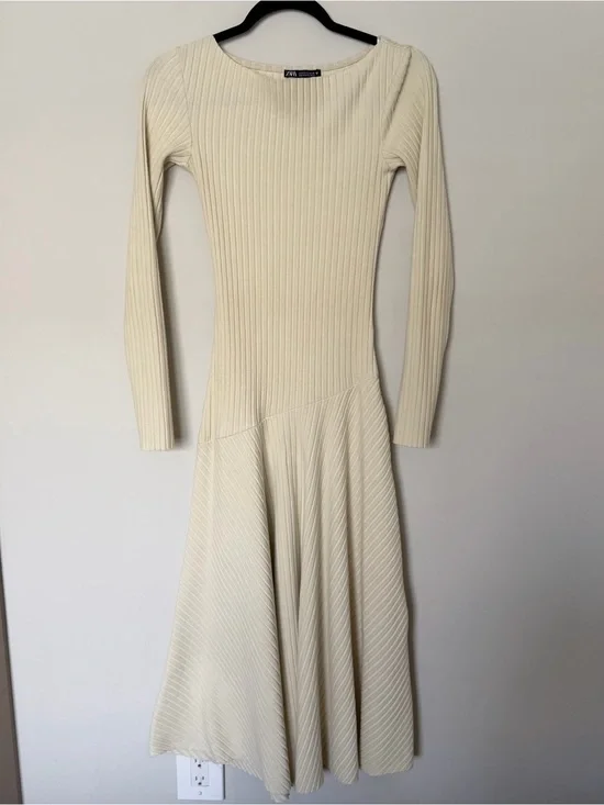 Zara Cream Ribbed Long Sleeve Midi Fit-and-Flare Dress