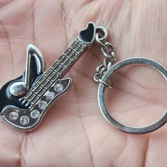 Guitar Keychain Silver/Black Tone Metal Keys Holder Crystal Accent Key Chain