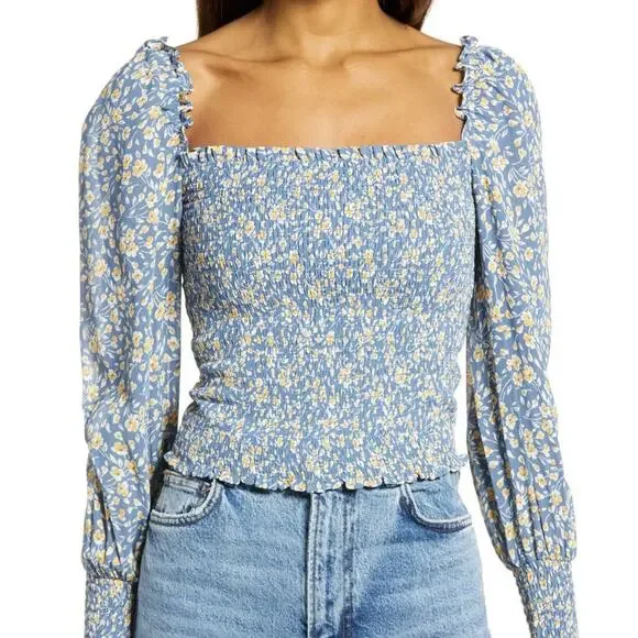 Reformation Pinto Smocked Top in Blue Wallflower