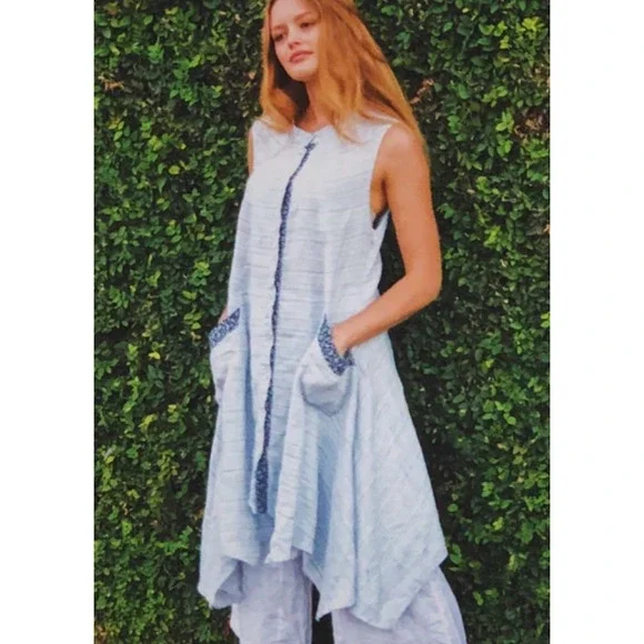 Yuvita Womens XS Blue White Striped 100% Linen Sleeveless Handkerchief Hem Dress