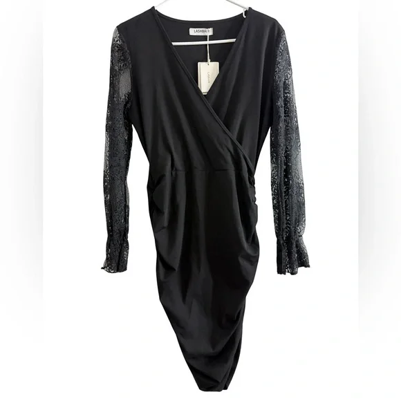 Lashbair Bodycon Cocktail Dress V Neck Lace Sleeves Large $79 Stretch Formal