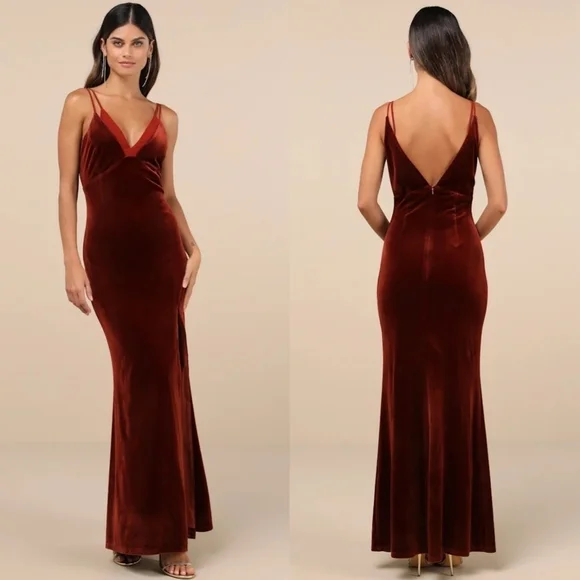Lulus Immensely Glam Rust Velvet Backless Maxi Dress S Wedding Party Prom Formal