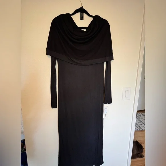 NEW Luna Luz Off Shoulder Dress Mesh Modal Cowl Neck Black Fitted Size Small NWT