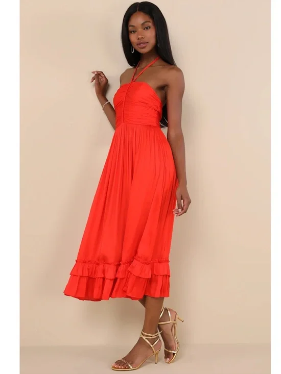 NWT Lulu’s Pleasing Chicness Red Satin Halter Tiered Midi Dress Small Party Chic