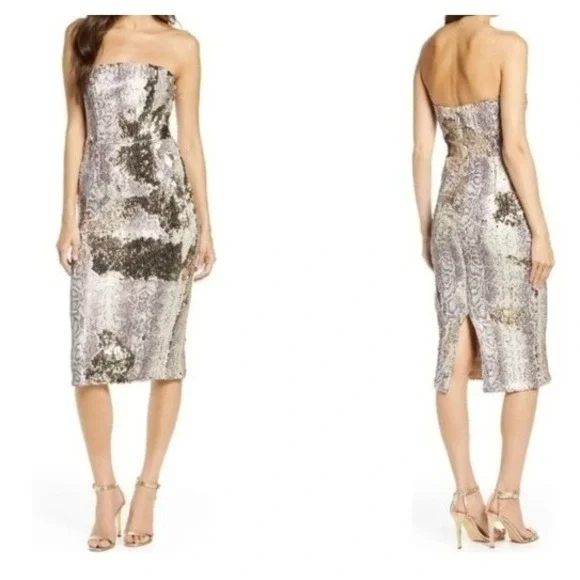 Dress The Population Violet Midi Dress Women Large Gold Multi Python Sequin Lace