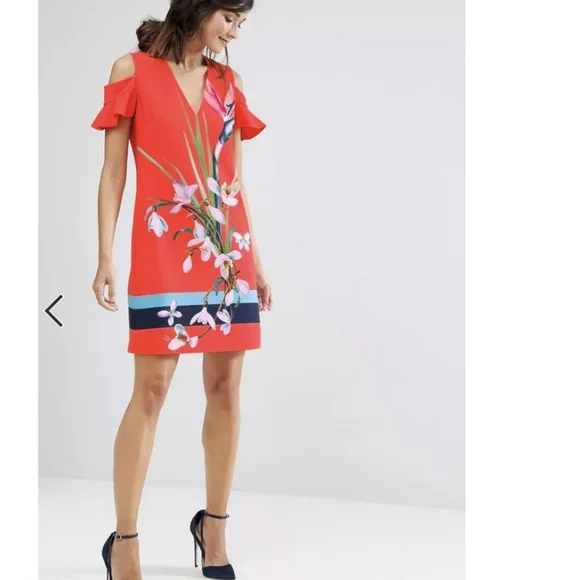 Ted Baker Red Floral Cold Shoulder Mini Dress