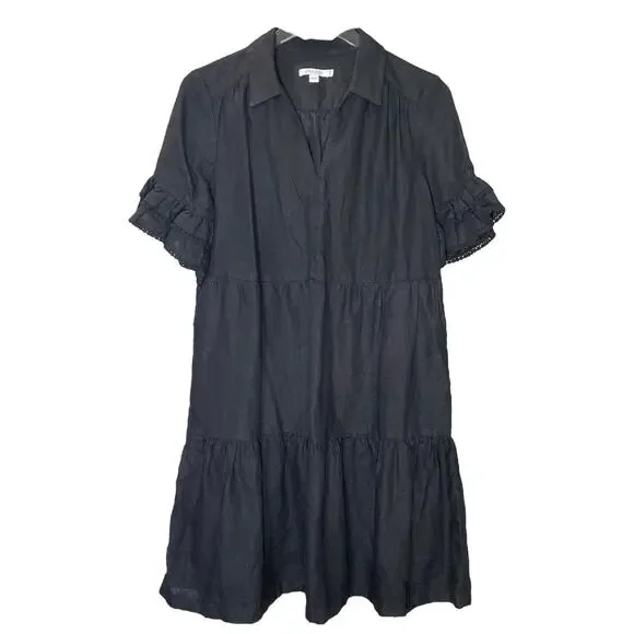 Chico’s 100% Linen Tiered Shirt Dress Black Ruffle Sleeve Pockets Size 0.5