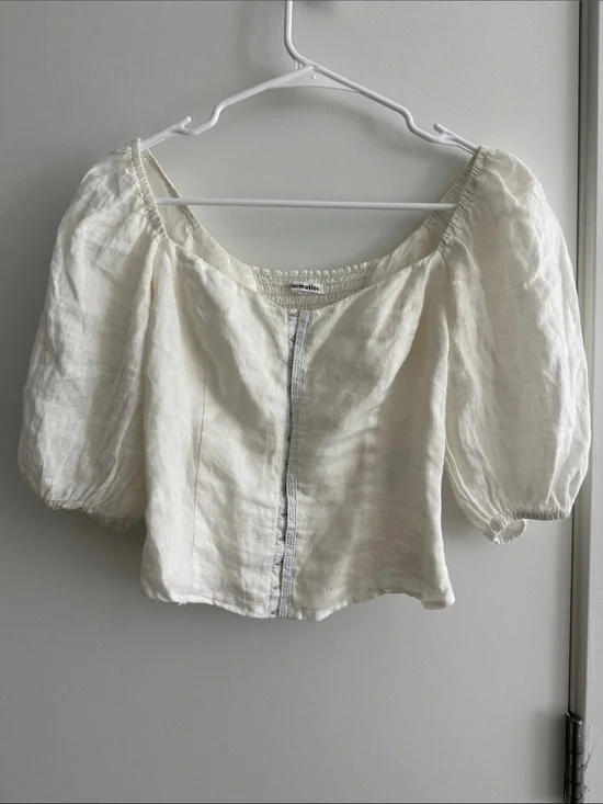 Reformation White Puff-Sleeve Linen Blouse