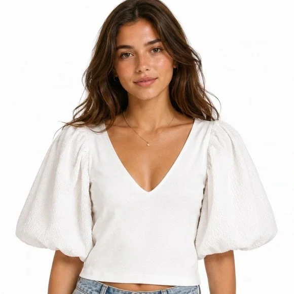 Zara Top Statement Ribbed Knit V Neck White Puff Seersucker Sleeve Turkey L