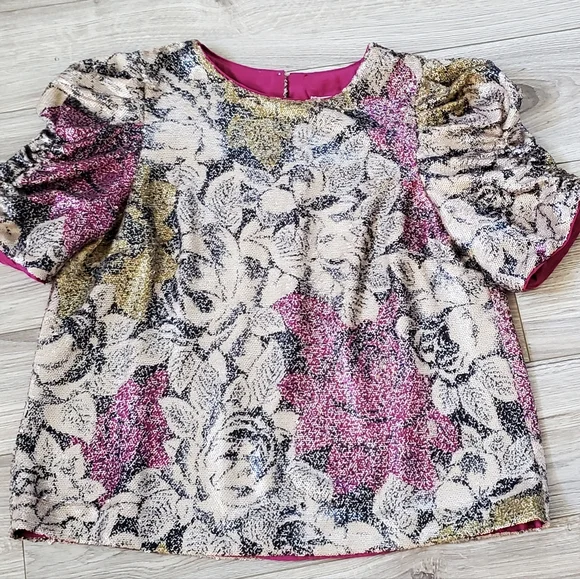 Anthropologie MARIE Elegant Floral Sequin Top, Cream,Pink,Gold, Sz 4, Like New