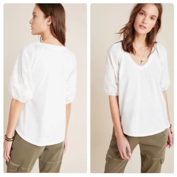 Anthropologie Maeve ‎ White Bridey Embroidered Puff Short Sleeves Cotton Top S