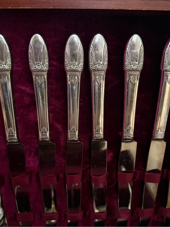 Vintage Ornate Silver-Tone Knife Set and silverware set — Burgundy Velvet Case