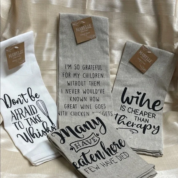 Inspirational Kitchen Towel Set - White and Tan Set of Four