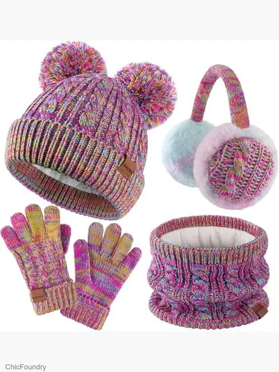 Winter Hat Gloves Scarf Set, Unisex Beanie Mittens Neck Warmer with Earmuff for