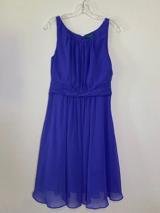 Ralph Lauren Royal Blue Sleeveless Chiffon Midi Dress 10 Wedding Evening Party
