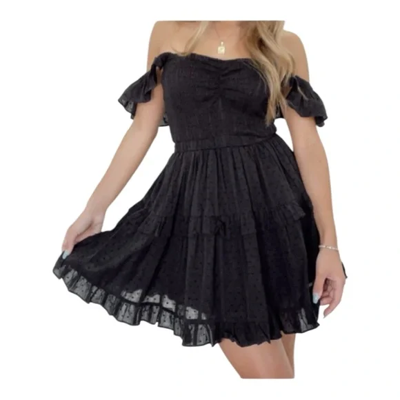 Mable Mini Dress Off Shoulder Ruffle Black- Large