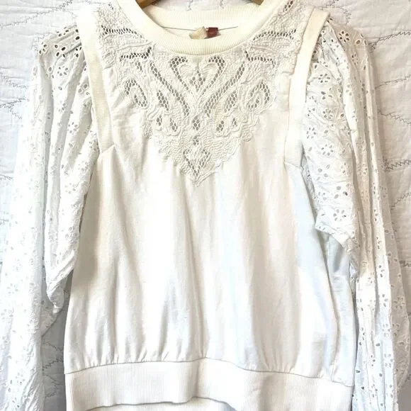 Anthropologie Cream Cotton Crochet Blouse SZ S