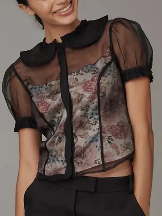 Anthropologie Maeve Organza Sheer  Button-Down Top Lined Floral Print Corset M
