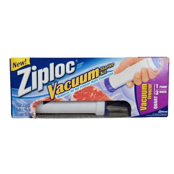 Ziplock‎ Brand Vacuum Starter Kit 1 Hand Pump 3 Freezer Quart Bags New In Box