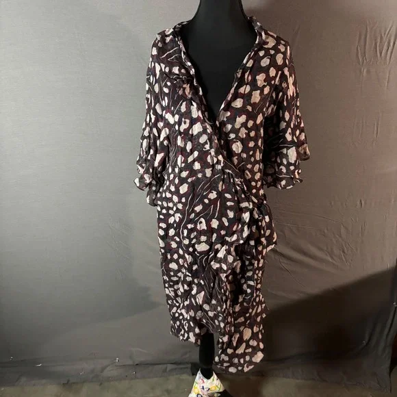 IRO Animal Print Silk Wrap Midi Dress Ruffle Sleeve‎ Tie Waist 36