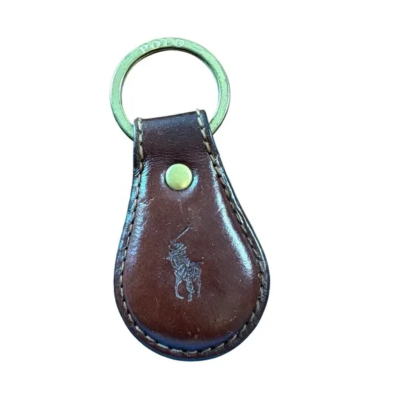 Polo Ralph Lauren Vintage Brown Leather Keychain Brass Pony Logo Fob