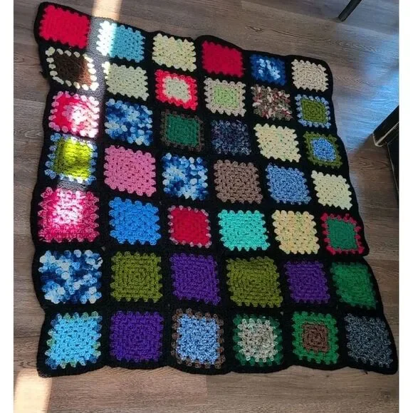 vintage granny square crochet AFGHAN throw blanket decor boho chic 44