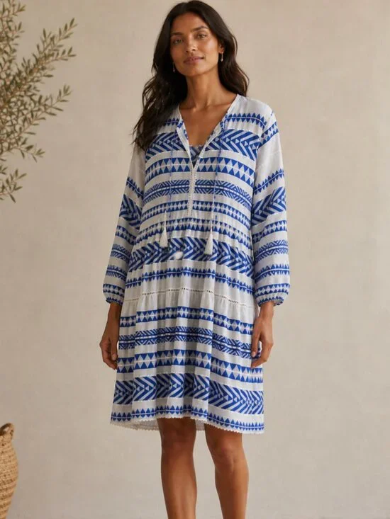 ASPIGA Long Sleeve A Line Cotton Sundress Aztec Greek Geometric S $150