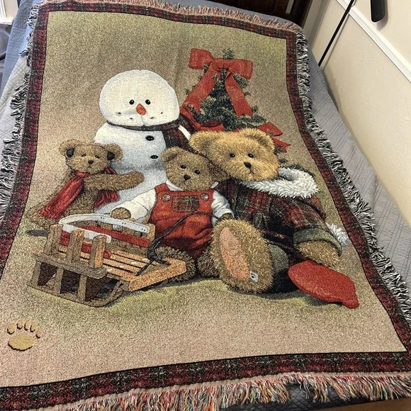 Vintage Christmas Tapestry Throw Blanket Snowman Teddy Bears Sled 52x70