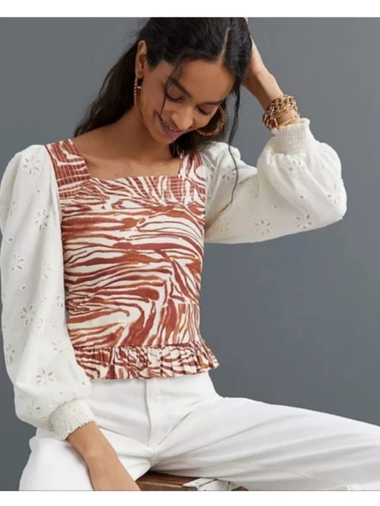 Anthropologie Love the Label Smocked Eyelet Puff Sleeve Blouse Zebra Print