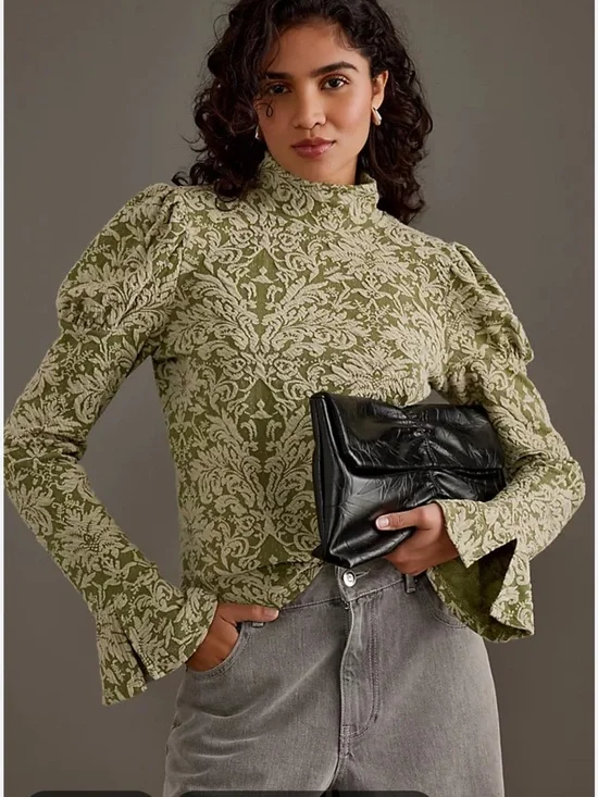 By Anthropologie Puff-Sleeve Turtleneck Jacquard Top Green Size S