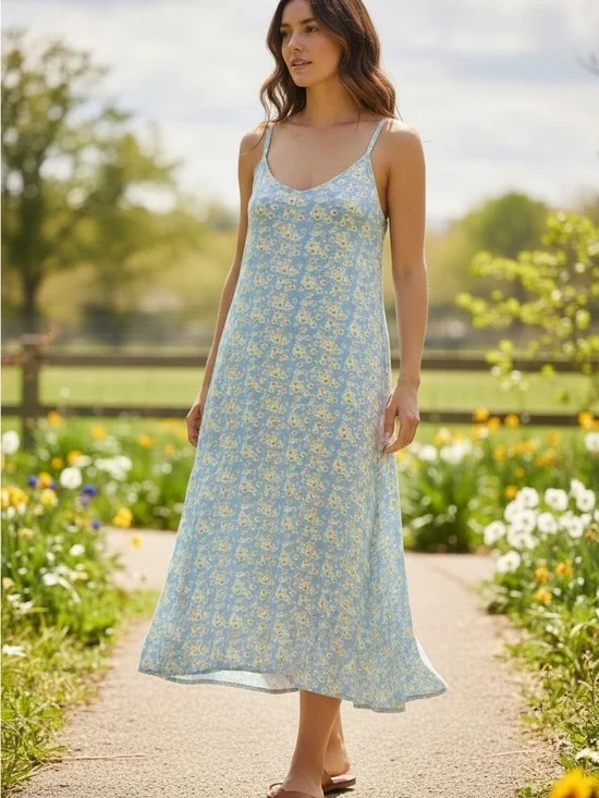 Onia Womens Midi Dress Size Medium Ditsy Floral Blue with Daisy Print Scoopneck