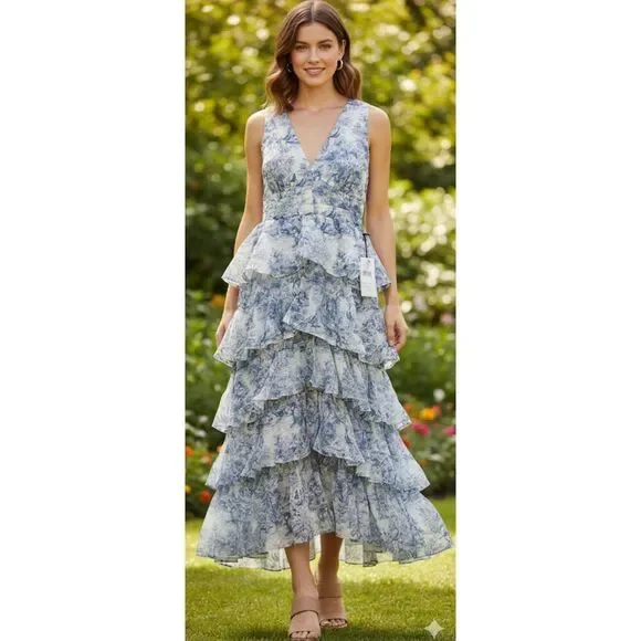 1.state womens size 4 small maxi long tiered dress blue white fairy boho