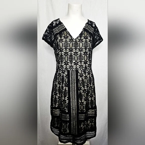 Doe & Rae Black Lace Geo Print V-Neck Short Sleeve Lined Dress Size L NWT‎