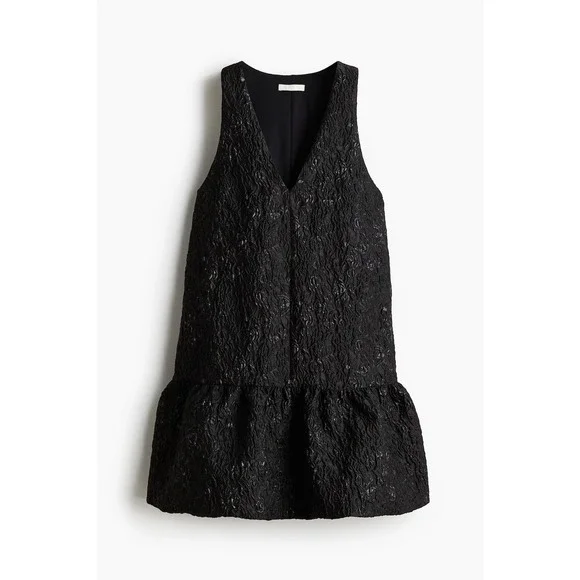 HM Black Jacquard Weave Bubble Hem V-Neck Sleeveless Dress Small NWT
