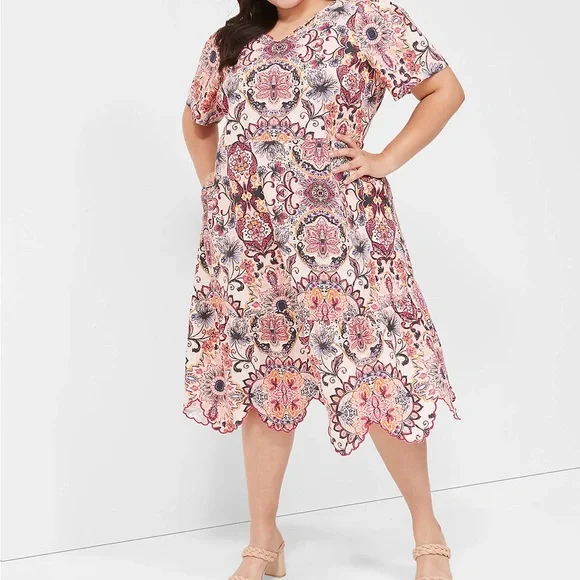 Lane Bryant Multicolor Floral Midi Dress Scallop-Hem‎ linen viscose short sleeve