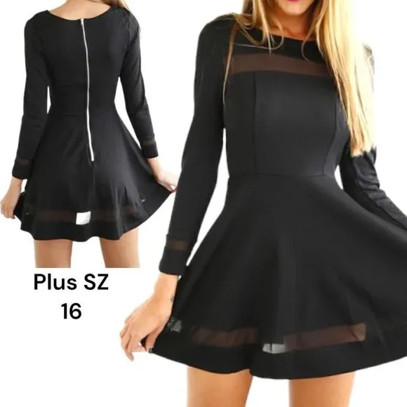 Women’s Plus Size 16 Chiffon Inserts Long Sleeve Mini Skater Dress Black