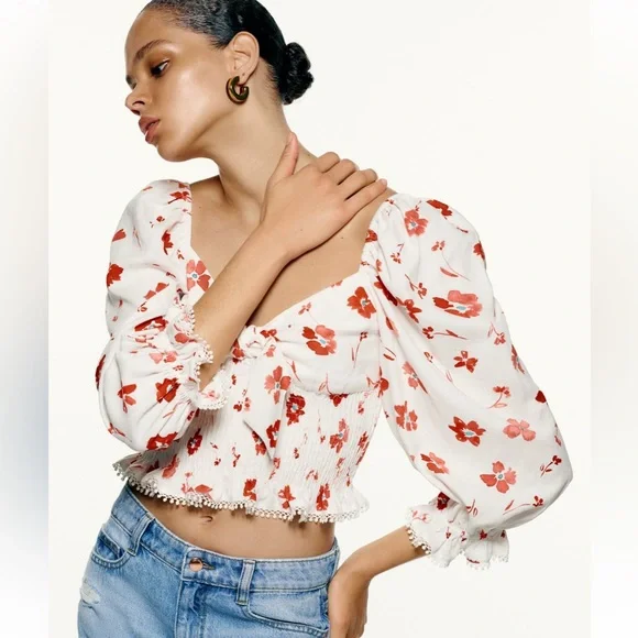 Zara Floral Blouse with Puff Sleeves Size Medium