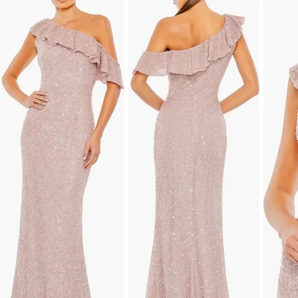 Mac Duggal One Shoulder Asymmetrical Sequin Gown Pink 8