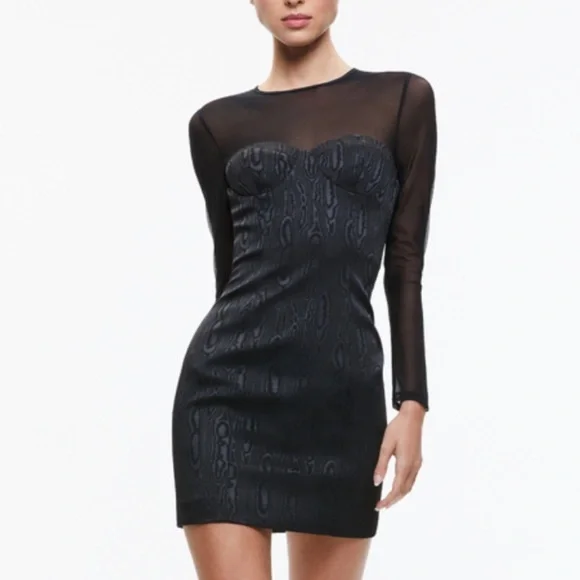 Alice + Olivia Takako Mesh Black Crew Neck Mini Dress