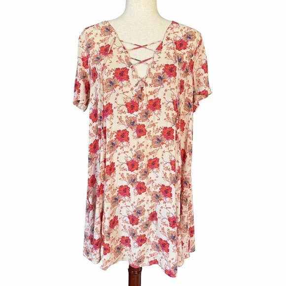 ASTR The Label Hibiscus‎ Floral Lace Up Dress Sz Large Shift Swing Mini Colorful