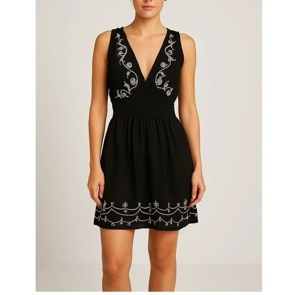 Just from Bali One Size‎ Black Embroidered V-Neck Smocked Waist Mini Dress Rayon