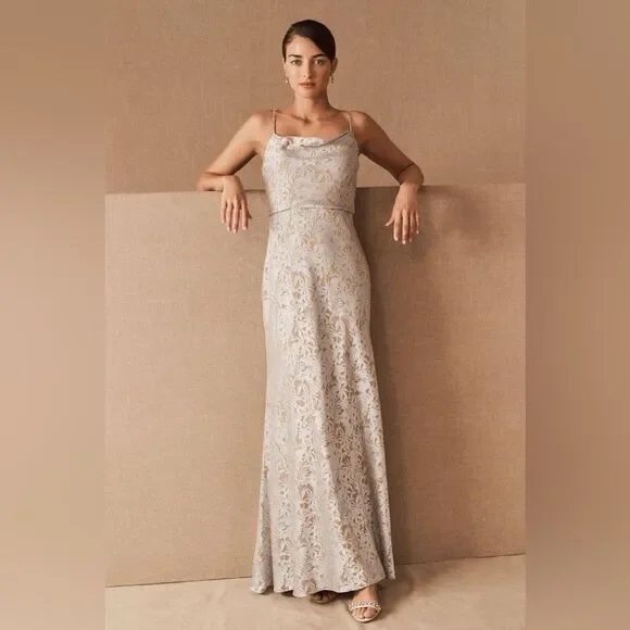 Anthropologie Jenny Yoo Dahlia Dress Elegant Lace Maxi Dress in Silver-Taupe